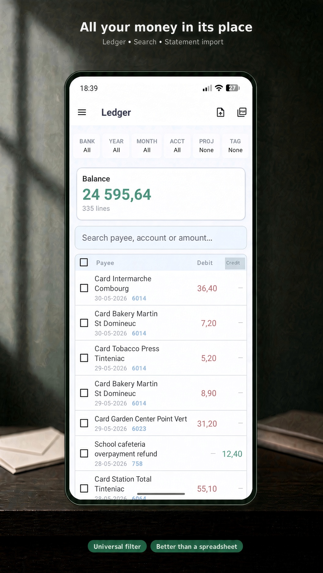 Legacy — household ledger with search and OFX/CSV import