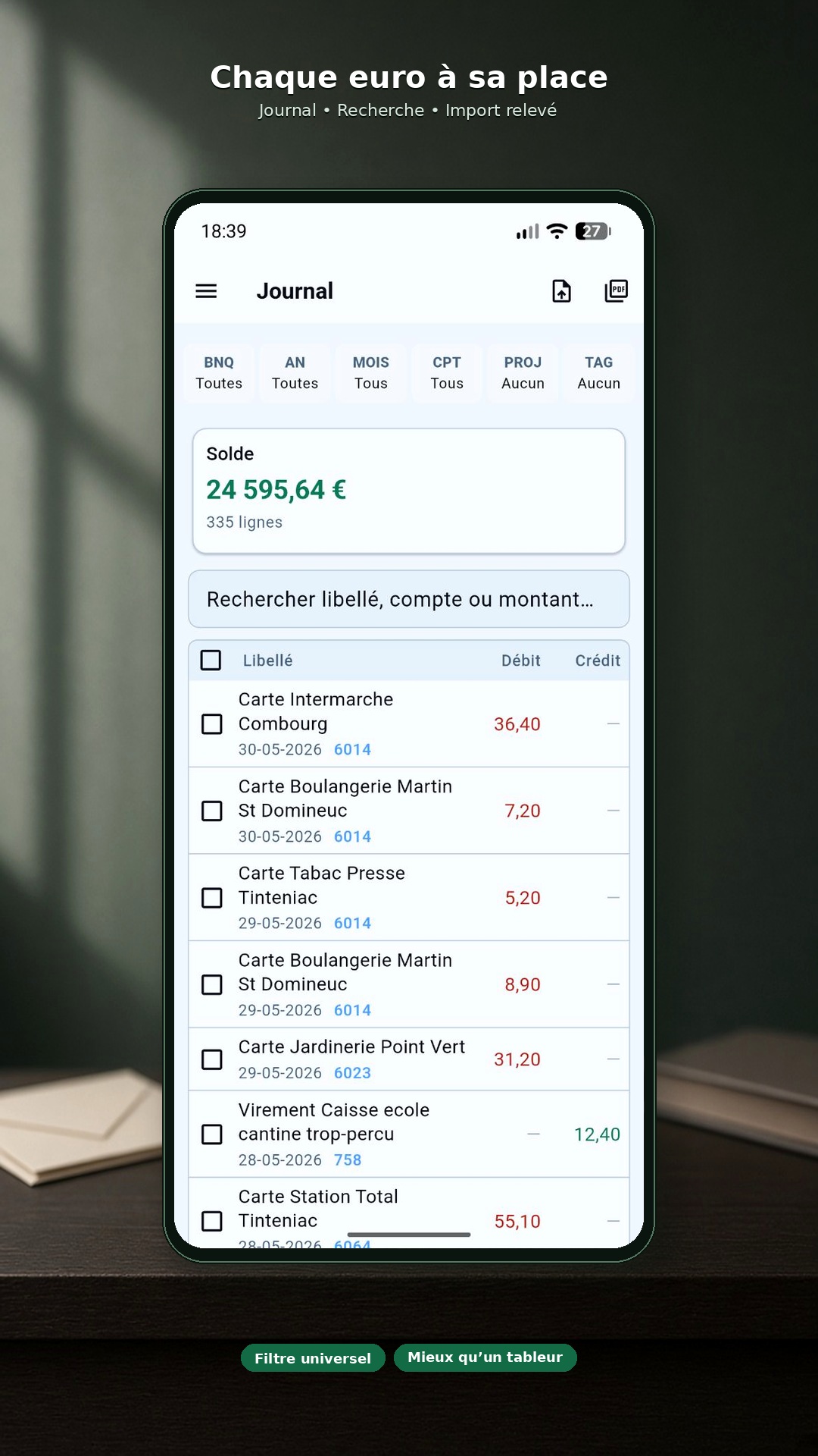Legacy — journal du foyer : recherche et import de relevé PDF, OFX ou CSV